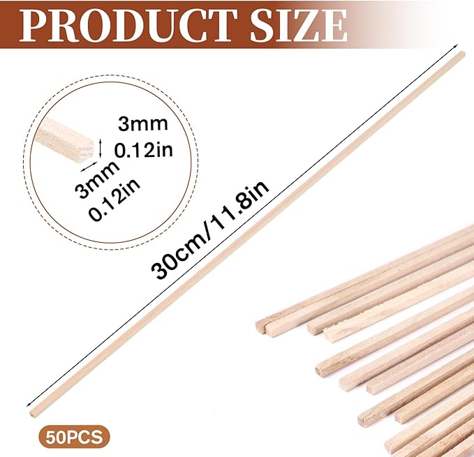 1/4" x 12" 50PCS Square Wooden Dowel Rods Small Wood Square Dowel Unfinished Bamboo Craft Hardwood Sticks Wooden Strips for Arts and DIYers, DIY Projects Home Decor Woodworking