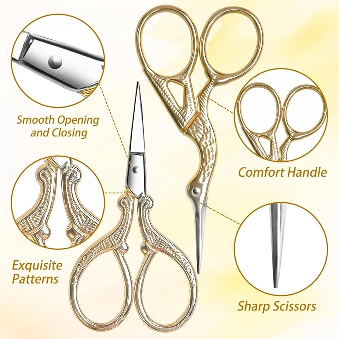 AQUEENLY Embroidery Scissors, Stainless Steel Sharp Stork Scissors for Sewing Crafting, Art Work, Threading, Needlework - DIY Tools Dressmaker Small Shears - 2 Pcs (3.6 Inches, Gold)