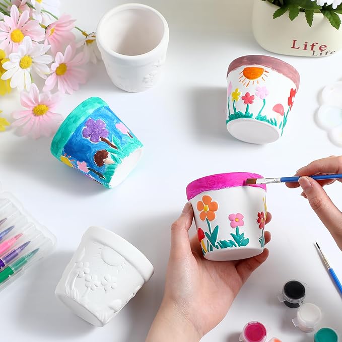 Pasimy 6 Set DIY Ceramic Succulent Planter Pots Paint Your Own Flower Pots Craft Kit Unpainted Bisque Paintable Flowerpot with Brush Palette Ready to Paint for Family Activity Gift(Classic)