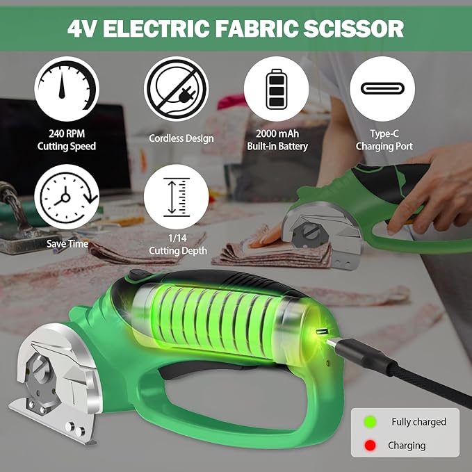 Cordless Electric Scissors, 4V Box Cutter & Cardboard Cutter with Upgrade Blade, LED Light, Safety Lock - Rechargeable Rotary Cutter for Fabric, Leather, Plastic, Sewing, Industrial (Lime Green)