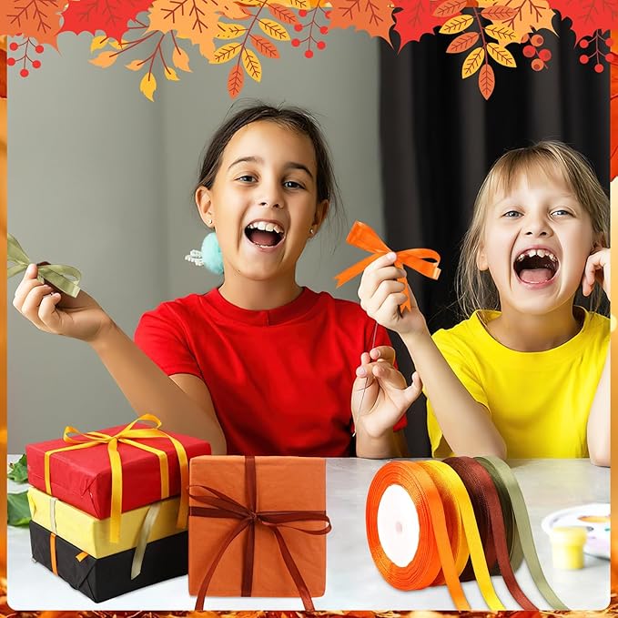 DECYOOL 4 Rolls 100 Yards Fall Ribbons, 10 mm Wide Autumn Thanksgiving Satin Ribbon for Wreath Bows Party Home Decoration Craft Wrapping (Orange, Yellow, Brown, Green)