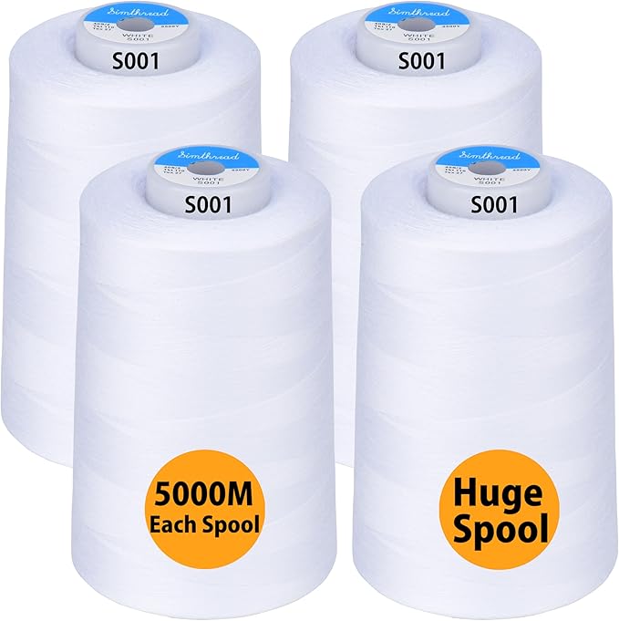 Simthread All Purpose Sewing Thread from 100% Spun Polyester for Serger, Overlock, Merrow, Quilting Sewing 4 Big Cones of 5000M (5500 Yards) Each - 40S/2 White