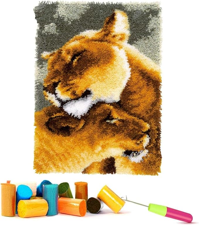 Latch Hook Kits for Adults - DIY Latch Hook Rug Kits for Kids, Crochet Kit for Beginners, Rug Making Kits with Printed Canvas, Gift Packaging. Lion Pattern (15x21 Inch)