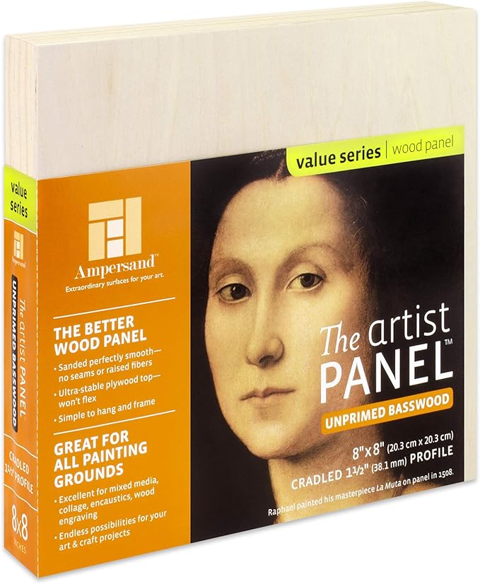 Ampersand Art Supply Unprimed Basswood Artist Panel, 1-1/2" Cradled Profile 8"x8"