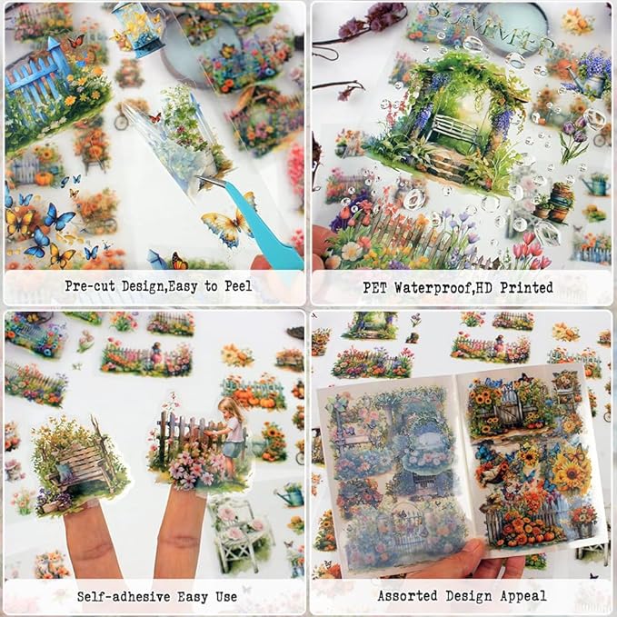 Transparent Garden Flower Stickers for Scrapbooking, 20 Sheets Precut PET Journal Stickers Book for Journaling Supplies, Card Making, Junk Journal, Scrap Book, Bujo, DIY Crafts Arts
