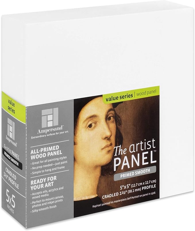 Ampersand Art Supply Wood Gesso Artist Painting Panel: Primed Smooth, 5" x 5", 1-1/2" Cradled Profile