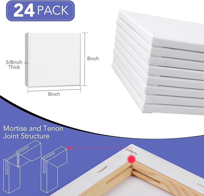 Stretched Canvases for Painting, 8x8, Pack of 24, Primed Acid-Free, 5/8 Inch Thick Wood Frame Blank Canvas, Art Canvases for Beginners, Artists for Oil Paint,Acrylic Paint, Pouring Painting.