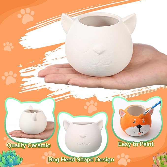 Pasimy 6 Set DIY Ceramic Succulent Planter Pots Paint Your Own Flower Pots Craft Kit Unpainted Bisque Paintable Flowerpot with Brush Palette Ready to Paint for Family Activity Gift(Dog)