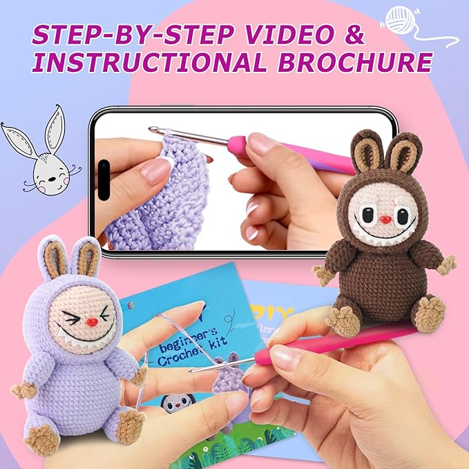 Crochet Kit for Beginners, 2 PCS Crochet Starter Kit with Step-by-Step Video Tutorials, Include Easy Knitting Soft Yarn, Christmas Birthday Gift for Adults and Kids