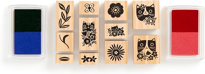 Galison Blooming Cats – Rubber Stamp Set Includes 4 Beautiful Colored Ink Pads and 11 Unique Cat Themed Wooden Stamp Blocks