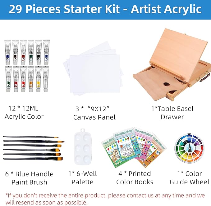 Falling in Art Tabletop Easel Set - 29 Pieces Starter Kit - Artist Acrylic Painting Kit with 12 Acrylic Paints Set, Canvas Panels, Brushes, Wooden Palette for Kids, Adults, Beginners, Professionals