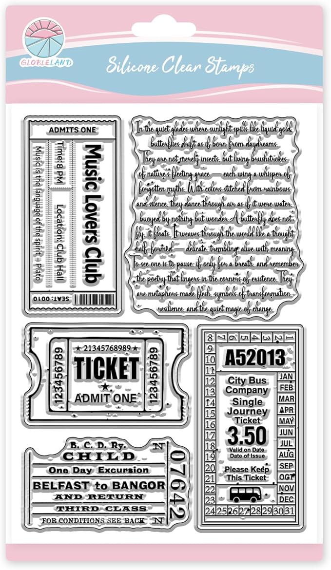 GLOBLELAND Retro Ticket Background Clear Stamp for Scrapbooking Text Silicone Stamps Tags Label Transparent Stamp for Card Making DIY Embossing Journaling