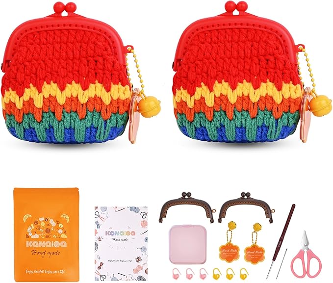 KANALOA Crochet Kits for Beginners - Handmade Craft DIY Knitting Set with Yarn,Hooks,Video Tutorials - Nice Gifts for Adults,Women - Mini Vintage Kisslock Wallet Coin Change Purses Pouch Storage Bag