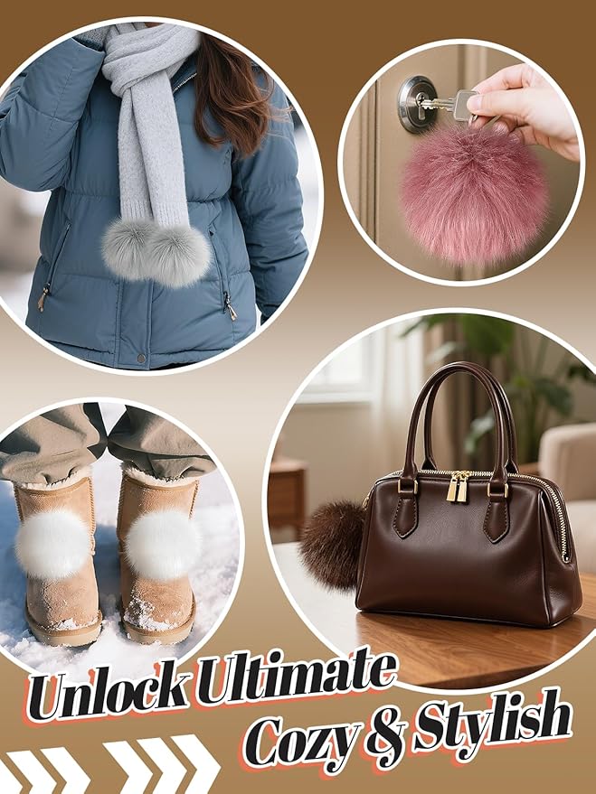 5in Large Fluffy Pom Poms Crochet Accessories - 10pcs Faux Fur Pompom Balls Knitting Accessories for Hats, Beanies, Shoes, Scarves, Gloves, Bags, Keychains Charms (Black/Brown/Grey/Pink)