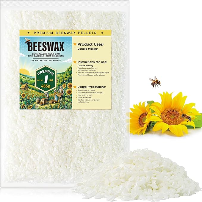 Beeswax Pellets for Candle Making – 1lb/5lb/20lb – Natural Beeswax for Candles, Lip Balms, and Skincare – White Beeswax for DIY Projects – Ideal for Beginners and Experts（1lb）