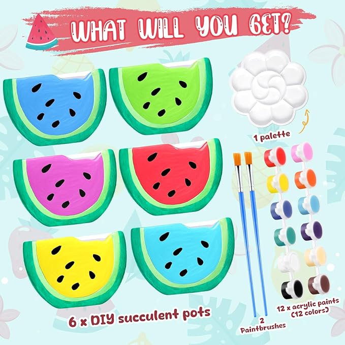 Pasimy 6 Set DIY Ceramic Succulent Planter Pots Paint Your Own Flower Pots Craft Kit Unpainted Bisque Paintable Flowerpot with Brush Palette Ready to Paint for Family Activity Gift(Watermelon)