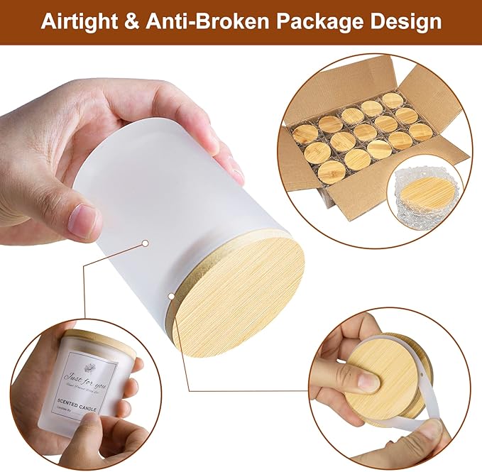 CONNOO 15 Pack 7 OZ Frosted Empty Candle Jars with Bamboo Lids and Sticky Labels for Making Candles - Thick Glass Candle Jars in Bulk with Lids. Dishwasher Safe.