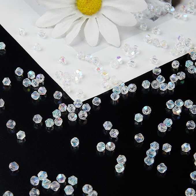 1100PCS 4mm Bicone Crystal Glass Beads for Jewelry Making, Sparkling Mini Beads for Suncatchers, DIY Bracelets & Craft Projects (AB White)