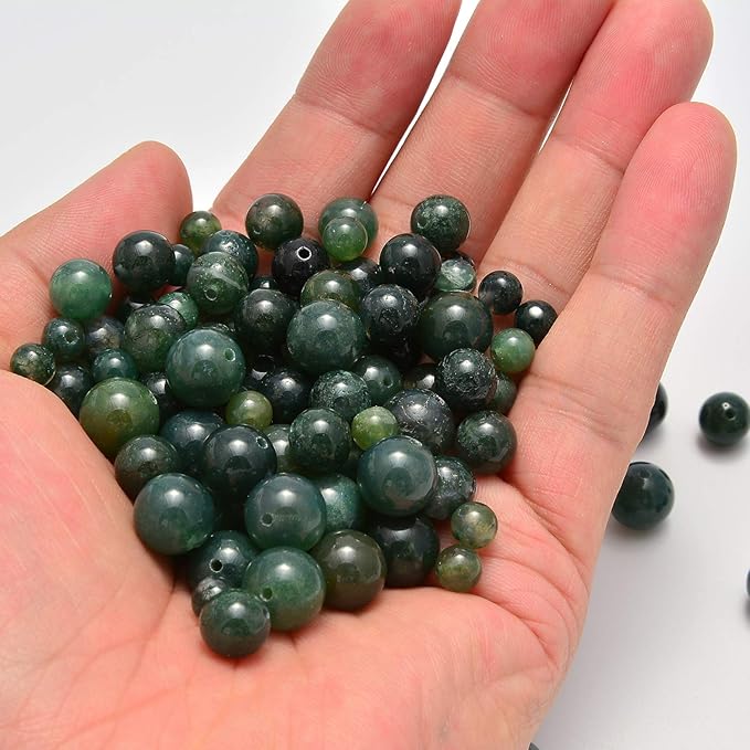 NCB 200PCS 8mm Natural Green Moss Agate Gemstone Round Spacer Loose Beads for Jewelry Making with Crystal Stretch Cord (Green Moss Agate, 8mm 200Beads)