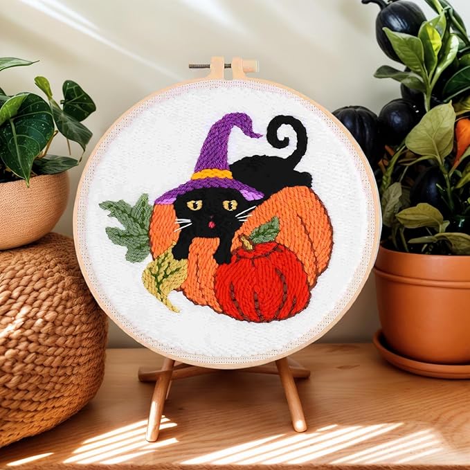 DCCQ Punch Needle Kits Adults Beginner，Cute Cartoon Pumpkin and Black Cat Pattern with Hoop Embroidery Punch Needle Starter Craft Set Easy for Adults，Children and Halloween Gifts，Decoration
