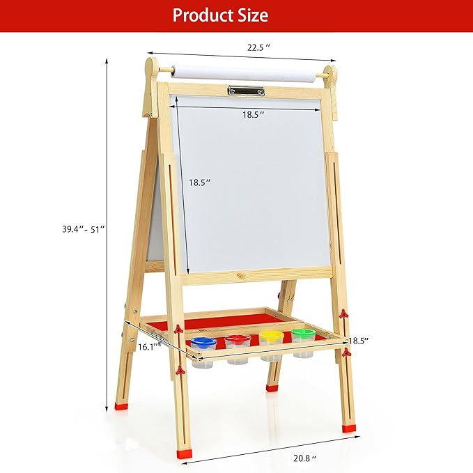 EAQ Easel for Kid,Height Adjustable Wooden Art Easel,Whiteboard Chalkboard with Paper Roll Holder,Letters and Numbers Magnets and Other Accessories Best Birthday Gift for Kids