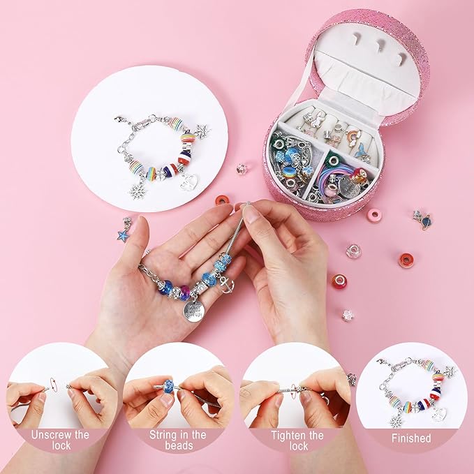 Emibele Bracelet Making Kit for Girls 8-12, Jewelry Making Kit with Portable Jewelry Box, Charm Bead DIY Bracelets Crafts Kit for Kids Age 5 6 7, Girls Gifts Choice on Birthday Valentines Christmas
