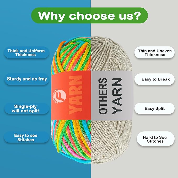 4x50g Beginner Crochet Yarn for Crocheting and Knitting; Beginner Easy Yarn kit with Tool Set (Rainbow+Strawberry+Lawngreen+Aqua, 4 Skein)