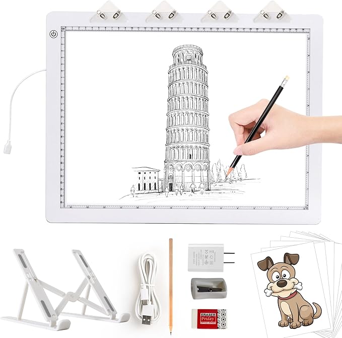 A3 Light Pad with Foldable Stand, UL Certified Adapter, 8000 Lux Super Bright Ultra Thin Pad for Cricut Weeding Vinyl, Artist Drawing Light Box/Board/Table for Tracing, Sketching - White
