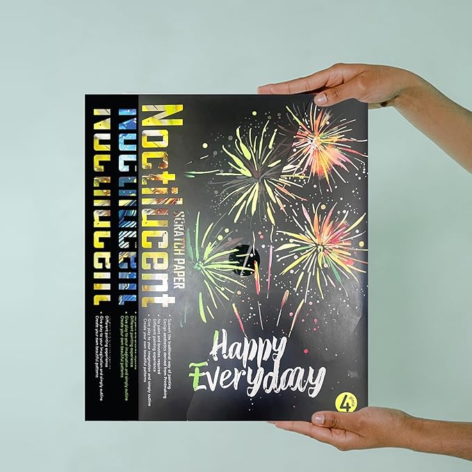 Scratch Paper Art for Adults-Glow in The Dark Scratch Painting Craft Kit (8 Sheets A4)|DIY Foil Engraving Art Set|Stress Relief Gift for Travel Lovers,Craft Lovers,Home Decors (Fireworks)