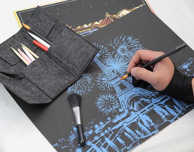 Scratch Painting Art Tool, 11 Pieces Scratching Drawing Tool Set, Including Artist Glove, Tool Bag, Scratch Coloring Pens, Plastic and Wooden Stylus, Scraper, Clean Brush