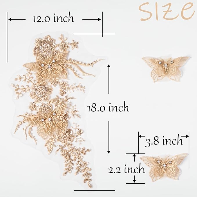 Flower Pearl Fabric Rhinestones Beaded Lace Applique,3D Butterfly Embroidered Lace Patch for Clothes,Dress (Light Coffee)
