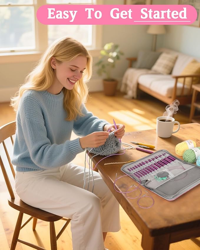 Coopay Interchangeable Knitting Needles with 4 Rotatable Cables, 13 Pairs Circular Knitting Needles 3.0-10.0mm with Case, Aluminum Cable Needles for Knitting, Ideal Gifts for Knitters, Purple Love