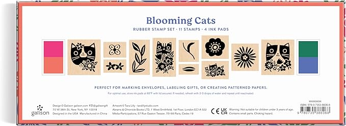 Galison Blooming Cats – Rubber Stamp Set Includes 4 Beautiful Colored Ink Pads and 11 Unique Cat Themed Wooden Stamp Blocks