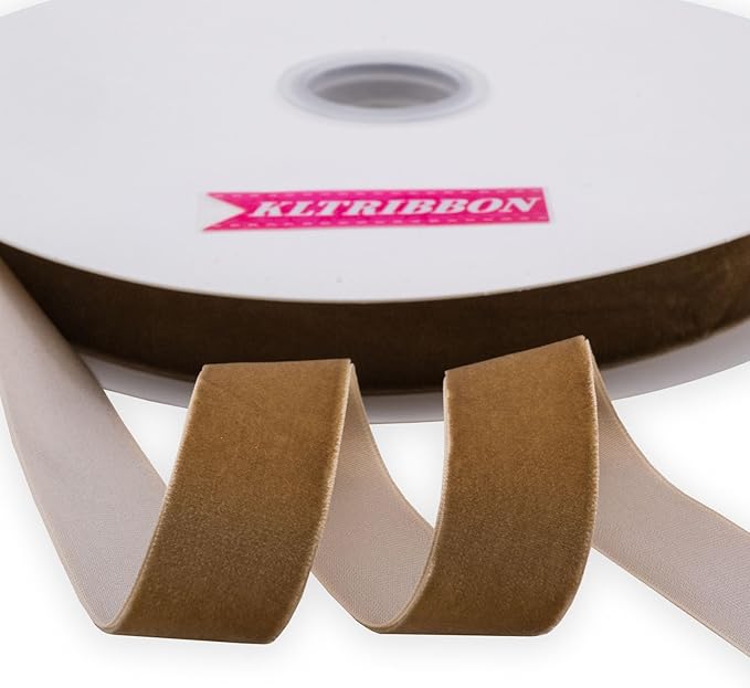 Nylon Khaki Velvet Ribbon Single Sided,1 Inch X 25 Yards Spool