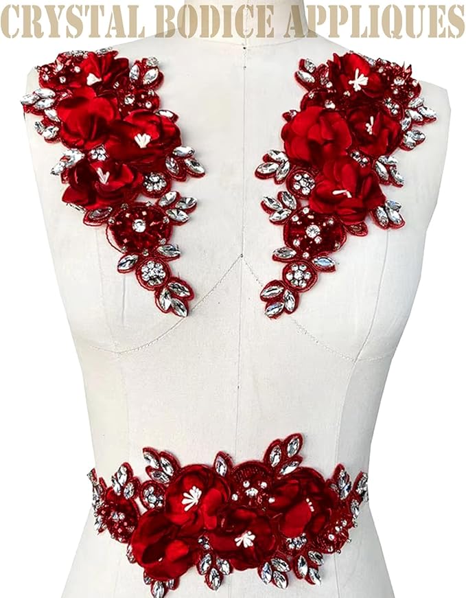 1pc Handmade Rhinestone Applique for Clothes, 3D Flower Fabric Patches for Wedding Dress, Bling Beaded Embroidery Lace Applique for Hat Hairband Sewing Embellishment (Deep Blue)