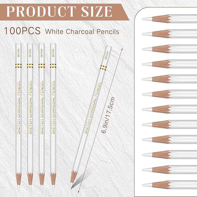 100 Pcs Charcoal Pencils Drawing Set, Charcoal Pencils bulk for Drawing Sketching Shading Blending Portrait Beginners and Artists(White,White Style)