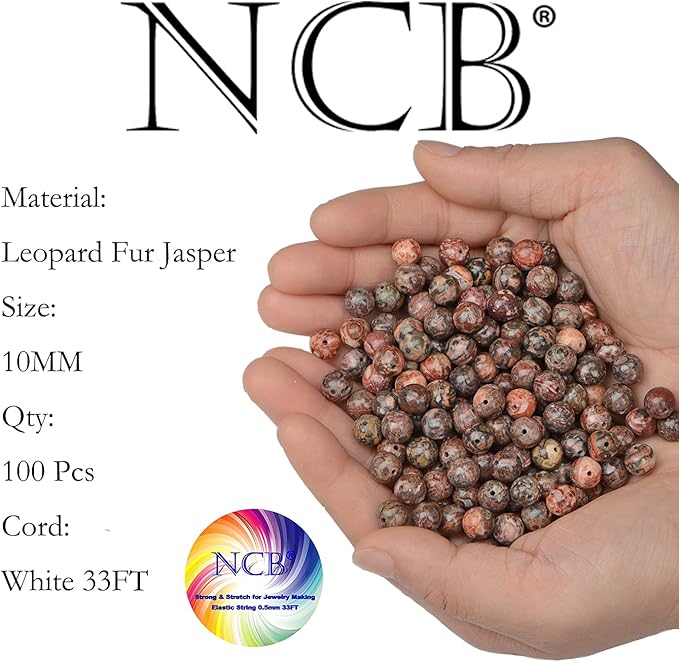 NCB 100pcs Original Natural Stone Beads Gemstone Round Loose Beads 6mm 8mm 10mm (Red Leopard Fur Jasper, 10mm 100Beads)