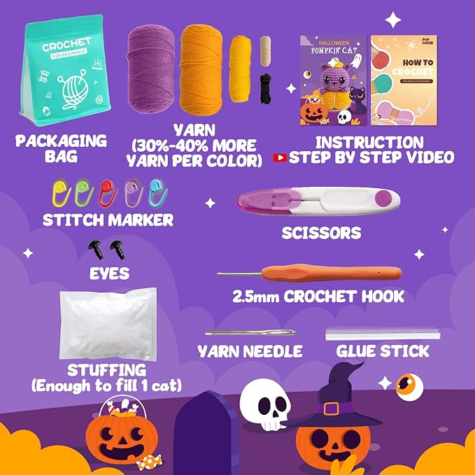 POP COCHE Halloween Crochet Kit for Beginners, Crochet Starter Kits for Adults, Amigurumi Craft Knitting Crochet Animal Kit with Step-by-Step Video Tutorials, Pumpkin Cat (40%+ Yarn)
