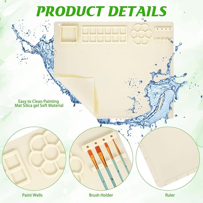 2025 New Painting Station, Paint Brush Cleaner (Pre-Assembled) and Silicone Painting Mat 20" X 16" Silicone Art Mat with 10 Paint Brushes for Artist Kids Adults Birthday Gifts (Green)