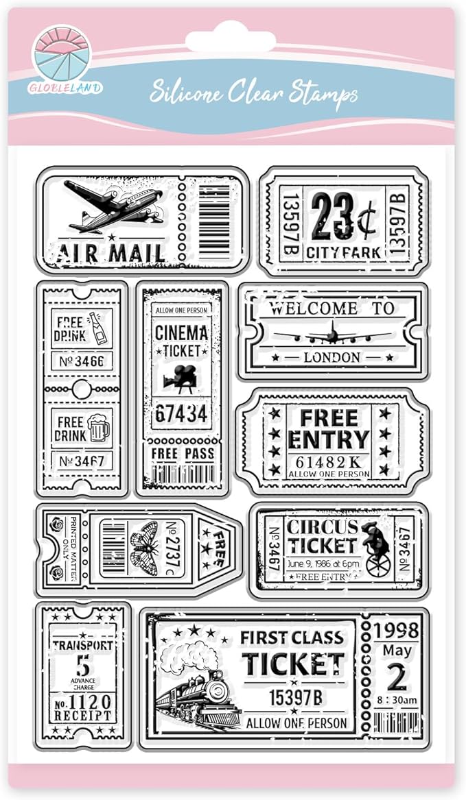 GLOBLELAND Vintage Ticket Clear Stamp for Scrapbooking Train Airplane Tickets Silicone Stamps Tag Frame Transparent Stamp for Card Making DIY Embossing Journaling