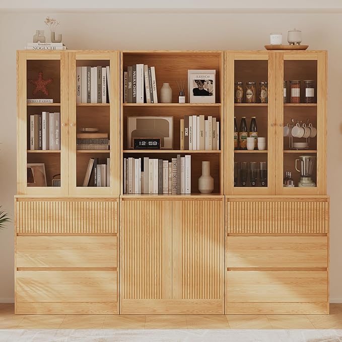 TUSY 71'' Freestanding Tall Storage Cabinet, 5 Tier Wood Bookcase with 3 Drawers and 2 Tempered Glass Doors, Large Floor Cabinet, Combination Storage Shelves for Living Room, Home Office (DCCD)