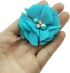 10 PC Blue Rhinestone Pearl Lace Petal Fabric Flowers Sewing Applique, 2.3 Inch