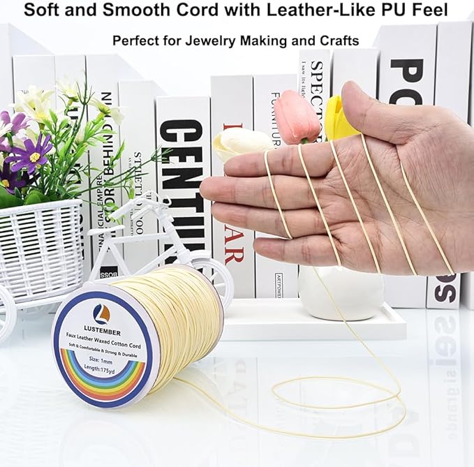 1mm Faux Leather Waxed Cotton Cord, 175 Yards – Durable Necklace String, Soft and Textured Cord for Necklaces, Bracelets, and Jewelry Making