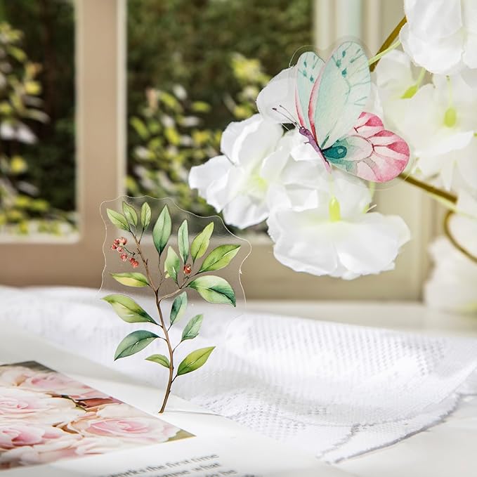 TIAMECH Branch Gossip PET Stickers - 120 Pcs Spring Bloom Flower & Brocade Leaves Beauty Design, Waterproof Sticker for Journaling & Scrapbooking, Junk Journal Supplies, Ephemera & DIY Crafts