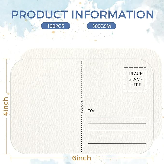 100 Cards Watercolor Postcards Blank 4 x 6 inch,140lb/300gsm, Acid-Free Heavyweight Art Paper with Hot Stamping Font Technology for Painting, DIY, Mailing, Invitations, Greeting Cards
