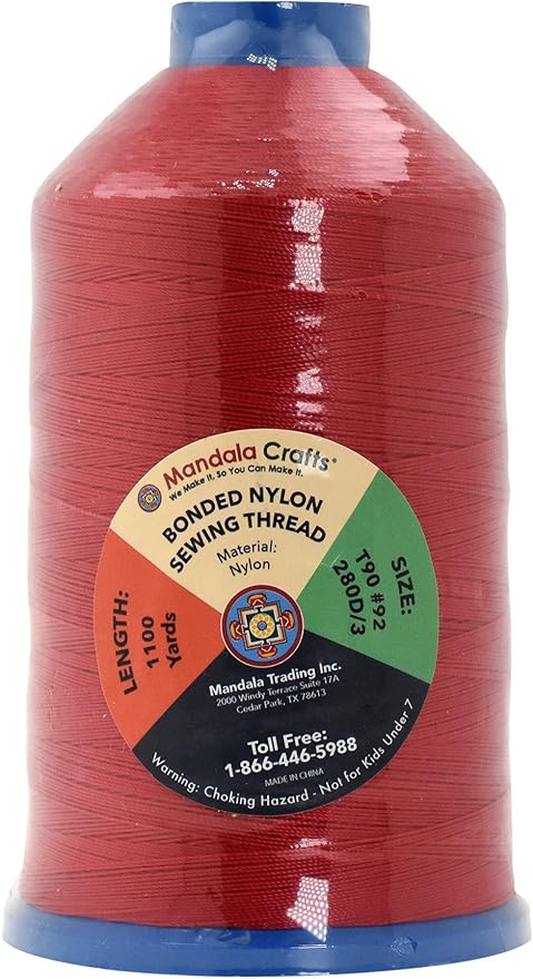 Mandala Crafts Bonded Nylon Thread Red Heavy Duty Sewing Threads - 1100 YDs Size 92 280D T90 Tex 90 Thread for Leather Jeans Weaving Outdoor Marine Upholstery Threads