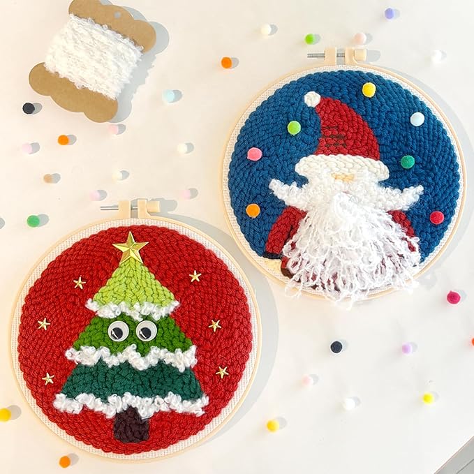 Hand U Journey Punch Needle Starter Kit | Rug Hooking Beginner's Set with Santa Claus and Christmas Tree Designs | Adjustable Punch Pen and Two 8.6'' Hoops | Ideal Craft Gift for Kids and Adults