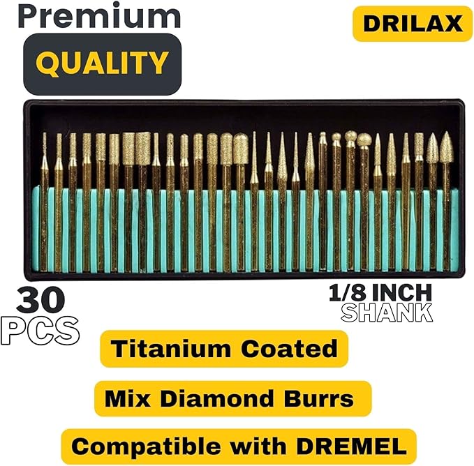 Drilax 30-Pc Rotary Tool Diamond Bits Set – 120 Grit Engraving & Carving Kit | Compatible with Dremel Tools | Diamond Drill Bits for Stone, Jewelry Making Tools & Supplies, Crafts, Etching