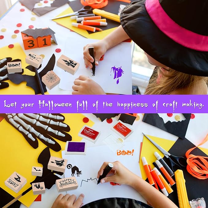 Woanger 15 Pcs Halloween Wooden Rubber Stamps and Craft Ink Pads Craft Card Pads Wooden Rubber Stamp for Scrapbooking DIY Kids Stamps Paper Wood Fabric Halloween Holiday