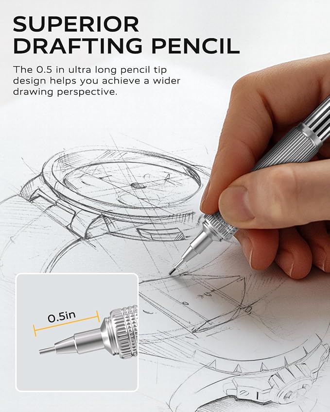 0.5mm Mechanical Pencil with Metal Gift Case, 1PCs Metal Mechanical Pencil with 120PCS HB Lead Refills,4B Erasers and 9PCS Eraser Refills, for Writing Drafting Drawing and Sketching(Silver)